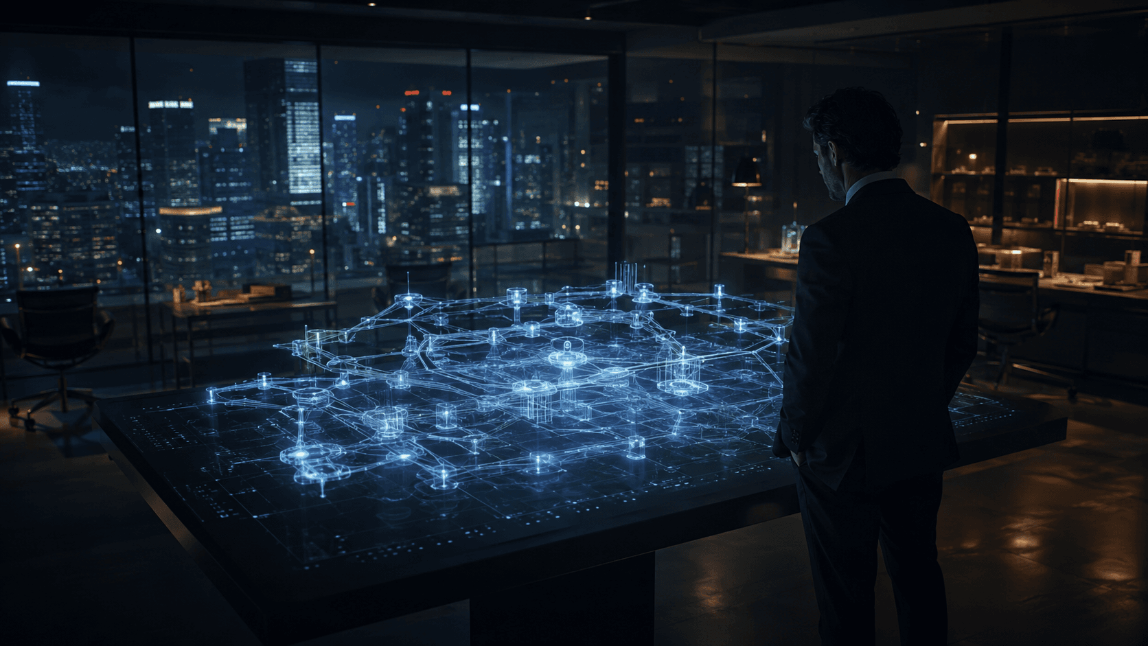 Analyst reviewing a website map against a city skyline