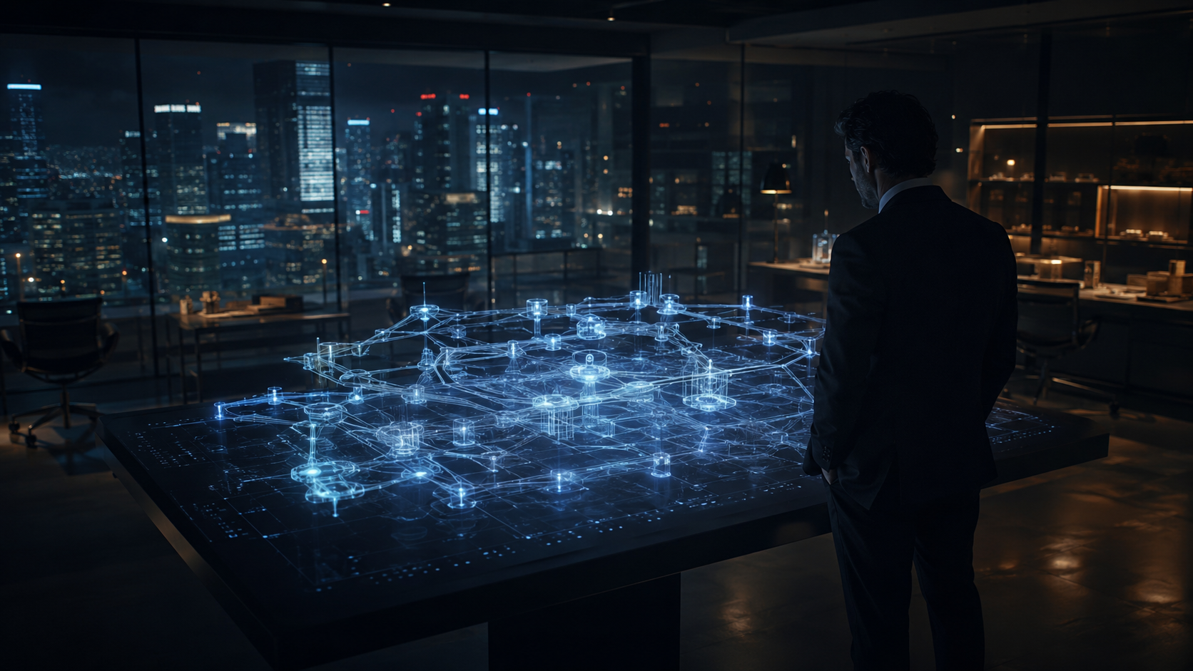 Analyst reviewing a holographic website intelligence map against a city skyline at night